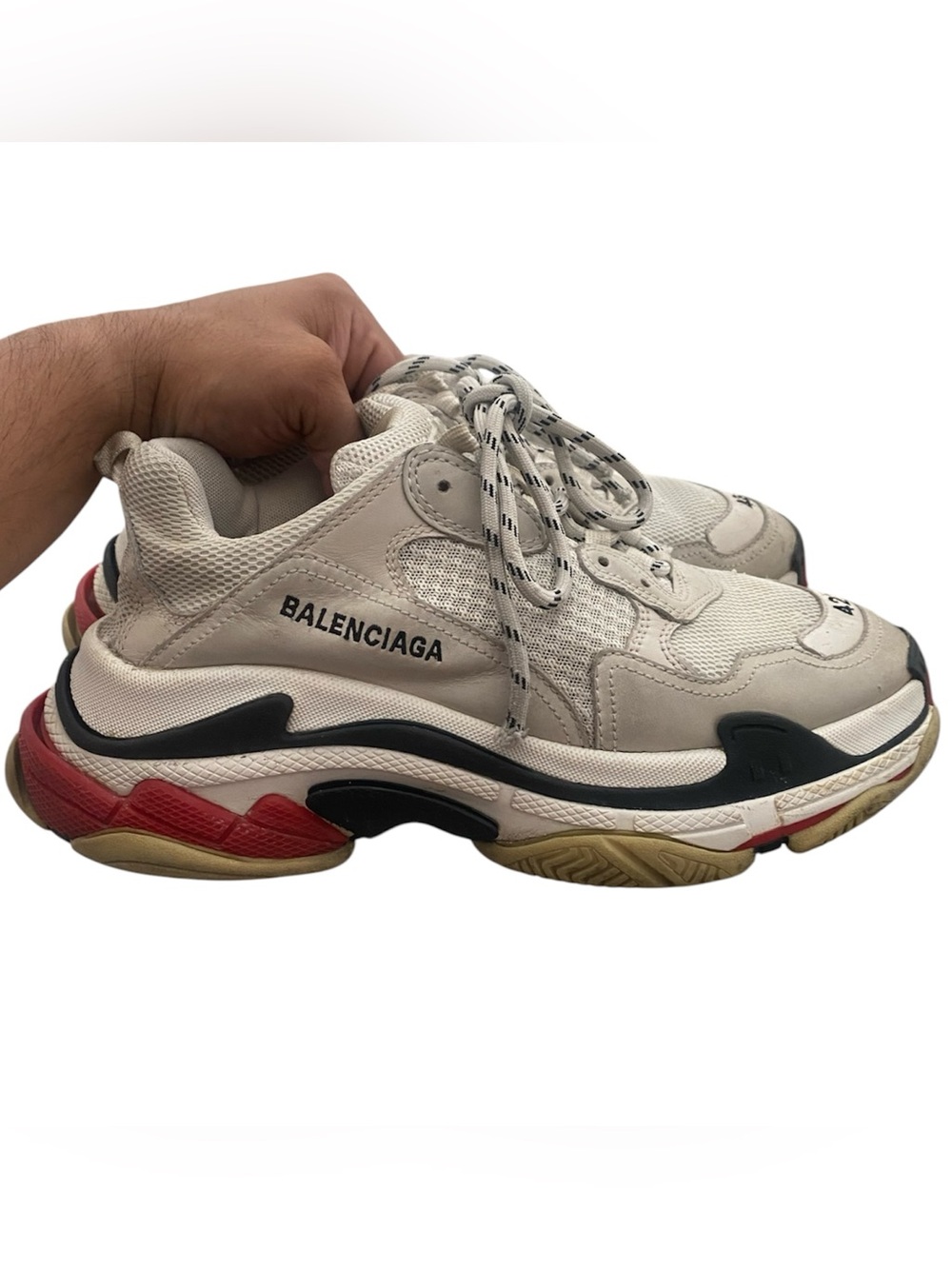 Balenciaga Men's Triple S Chunky Sneaker in Off-White with Red & Black Accents 9